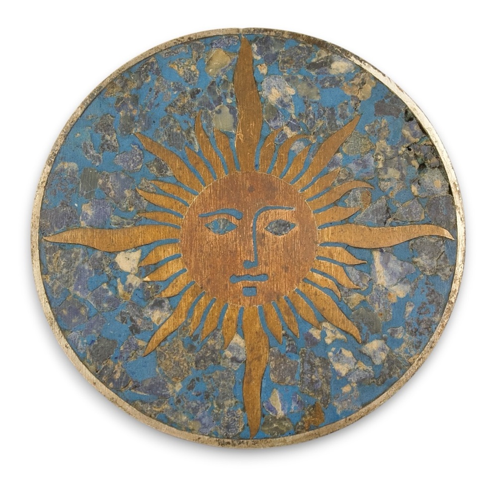 Vintage Taxco Sun Brooch Sterling Silver with Inlaid Lapis, Brass and Copper